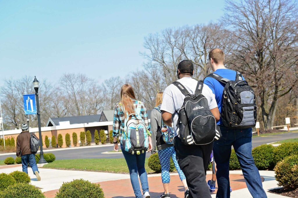 Students walking down path
