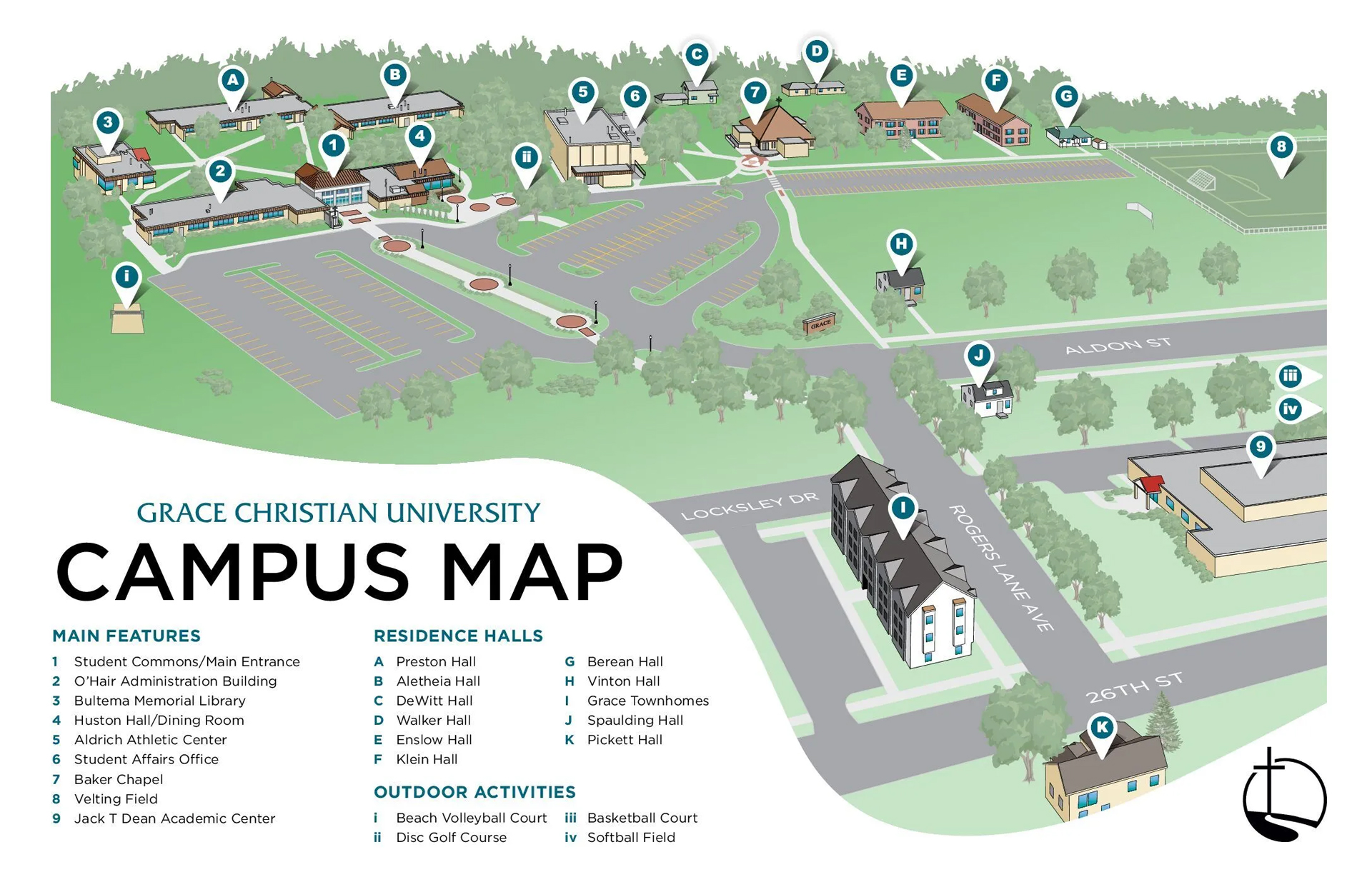Grace Christian University Campus Map showing Main Features and Buildings, Residence Halls, and Outdoor Activities