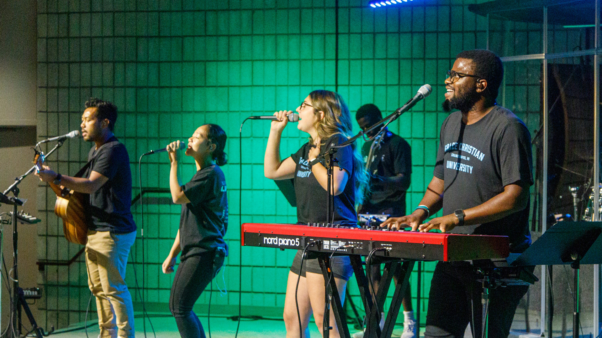Worship Team on stage during a Chapel Service