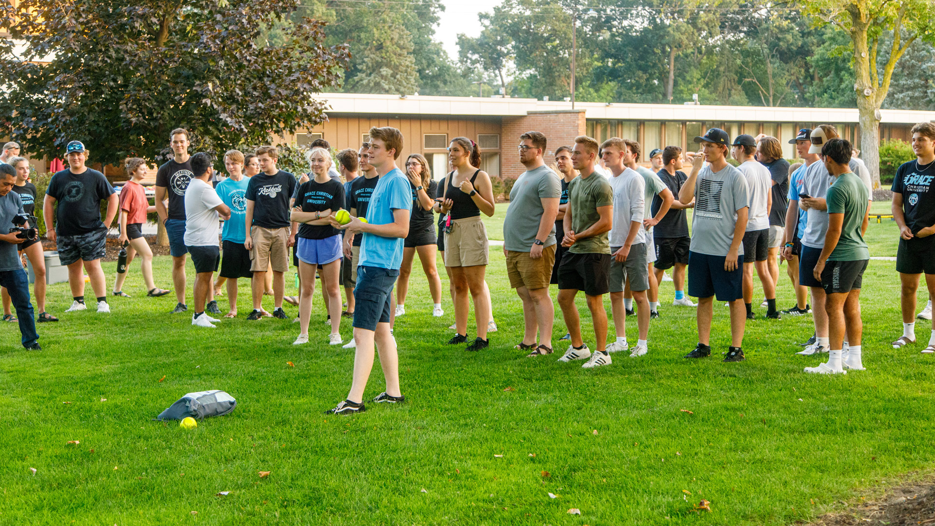 A large group of Grace Students at an outdoor On-Campus event.